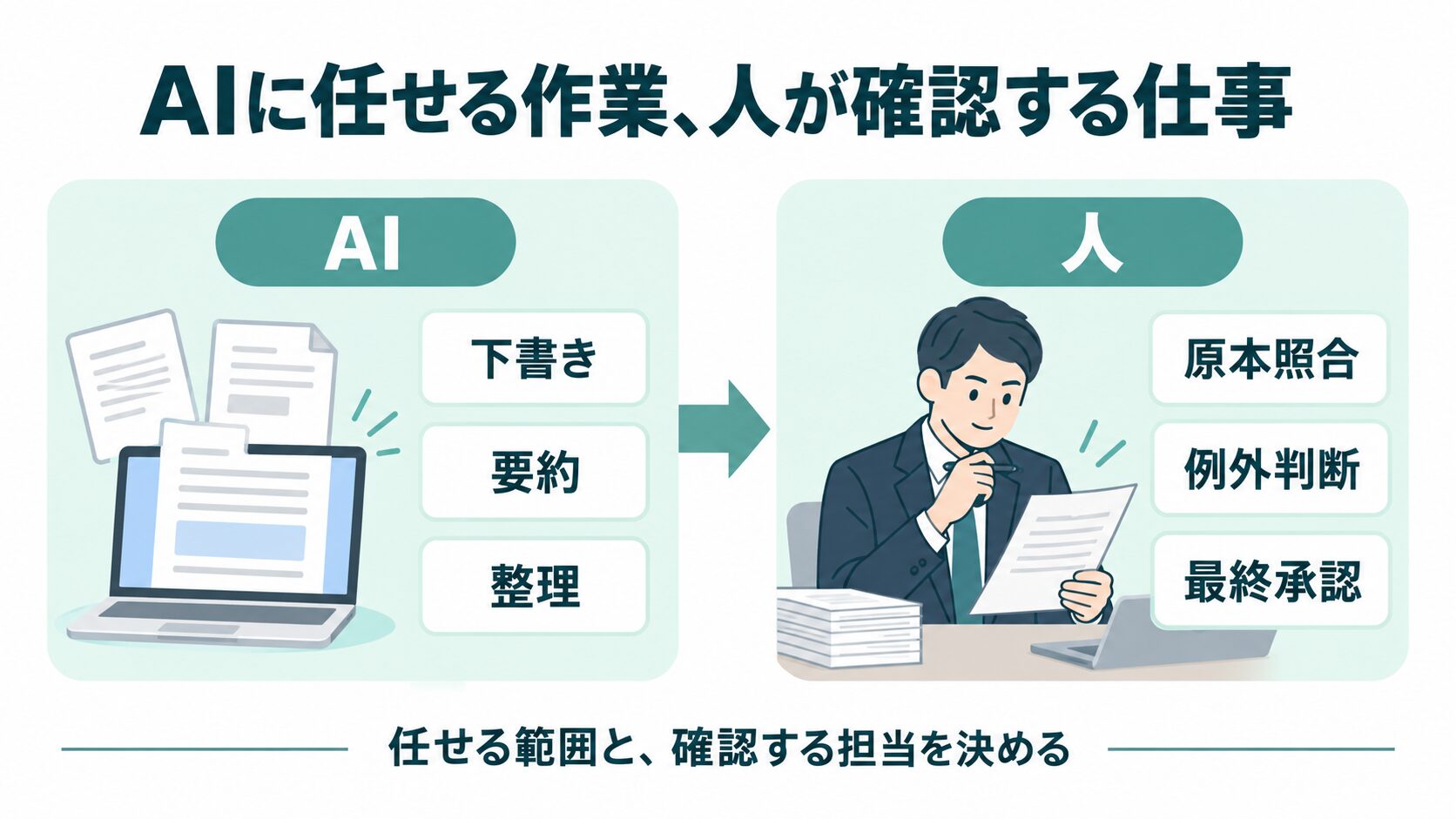 AIが下書き・要約・整理を行い、人が原本照合・例外判断・最終承認を担う役割分担