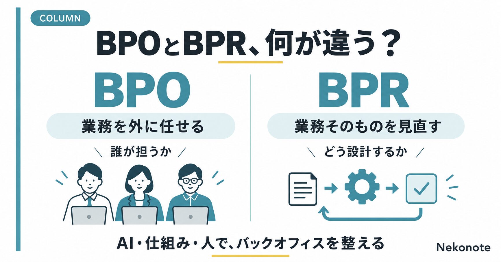 BPOとBPRの違い。BPOは業務を外に任せる「誰が担うか」、BPRは業務そのものを見直す「どう設計するか」。AI・仕組み・人でバックオフィスを整える。